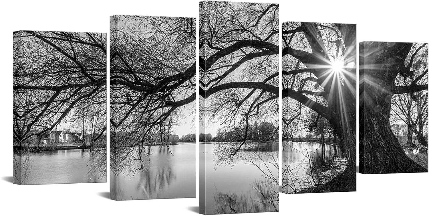 5 Pieces Wall Art Old Tree by Lake Picture Canvas Prints Sunrise Painting Black and White Landscape Canvas Art Modern Wall Decoration Framed and Ready to Hang