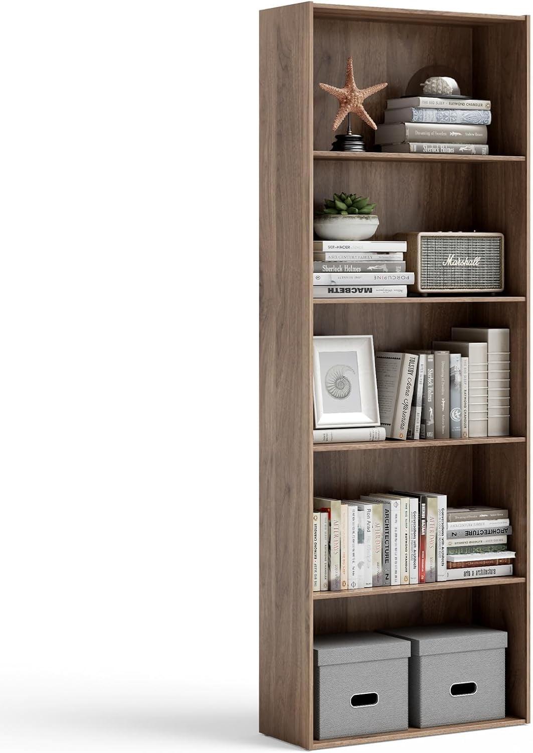 Walnut Modern 5-Layer Open Storage Bookcase 74"x17"