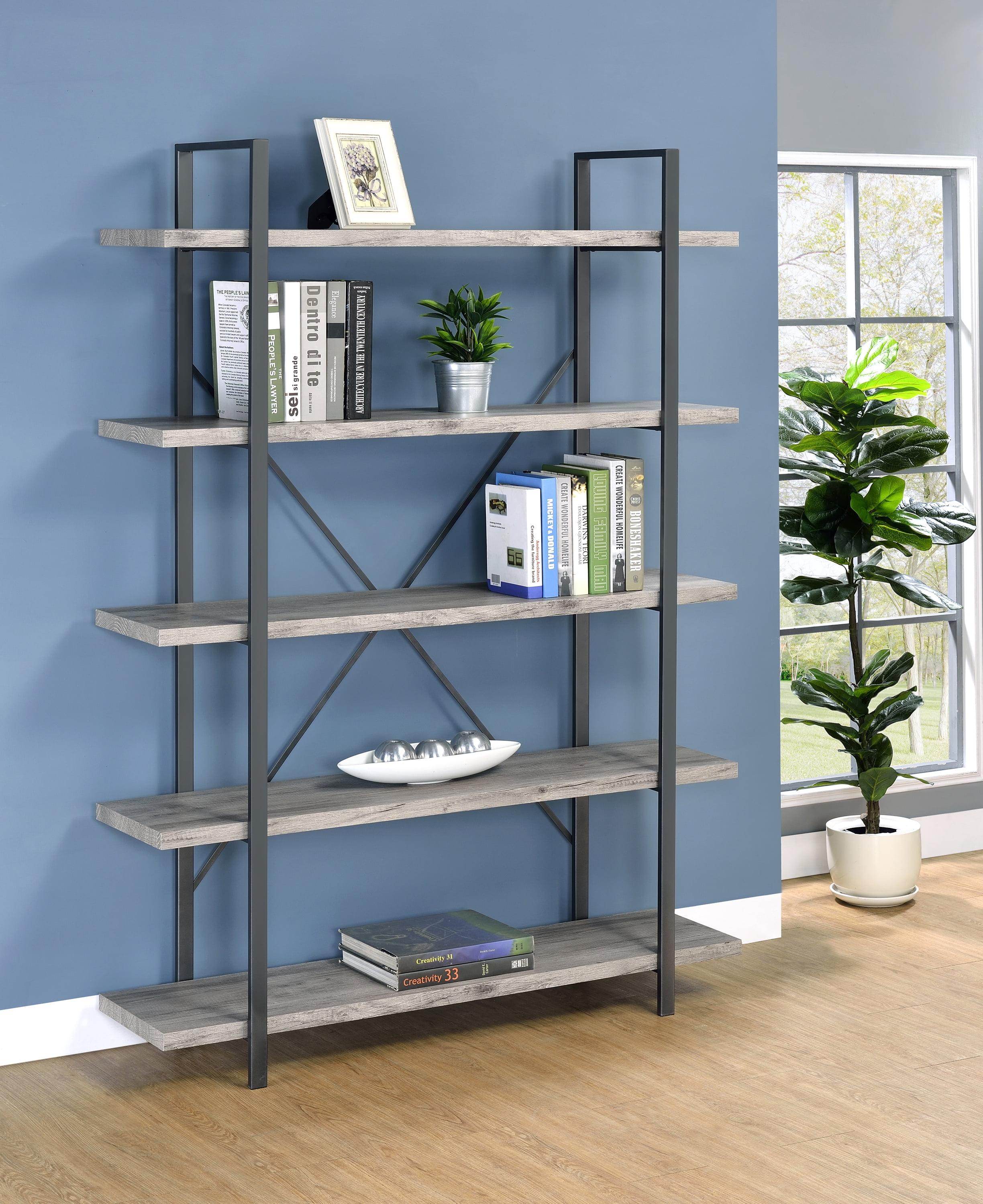 70" Gray Driftwood and Gunmetal 5-Shelf Bookcase