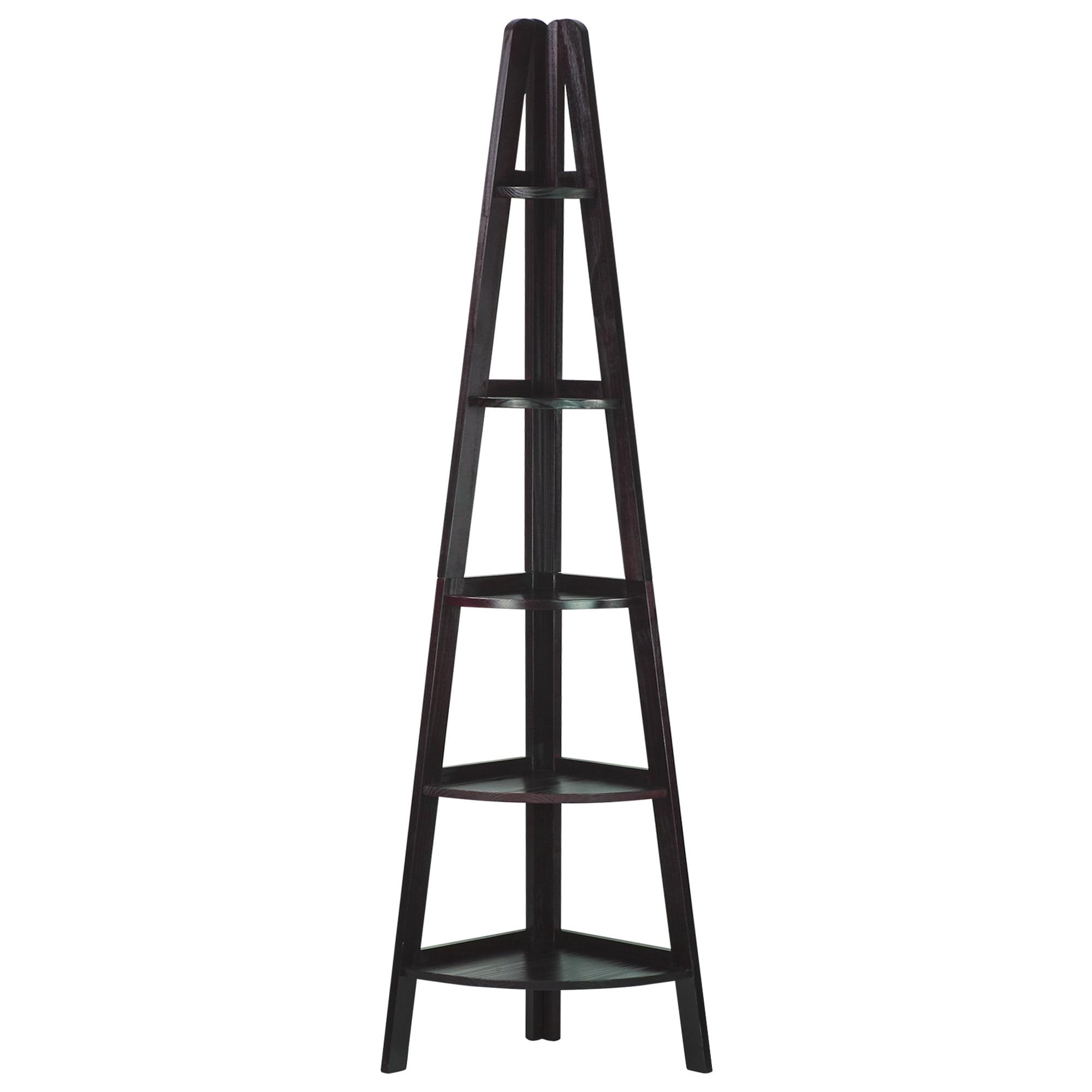 Espresso Solid Wood 5-Tier Corner Ladder Bookcase