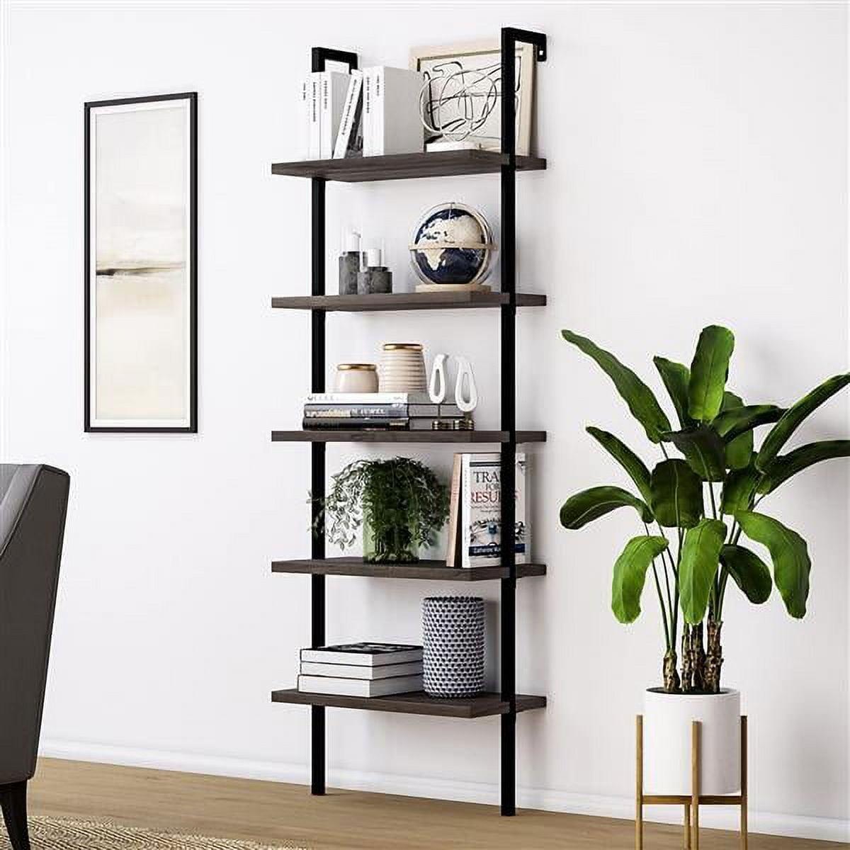 Walnut & Matte Black 5-Tier Ladder Bookshelf for Modern Spaces