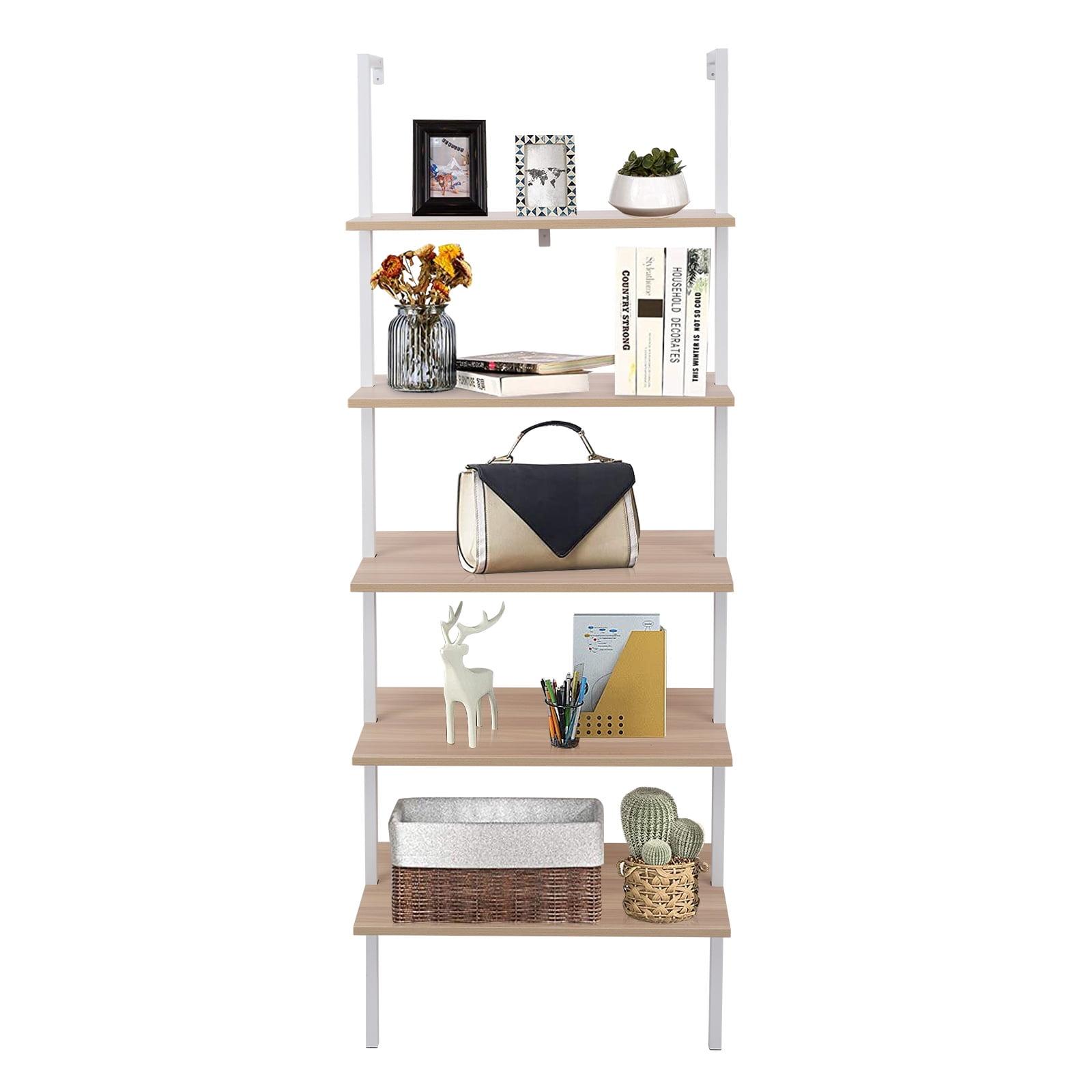 Tcbosik 5-Tiers Ladder Bookshelf Wall-Mounted Bookcase Storage Display Rack with Metal Frame, White