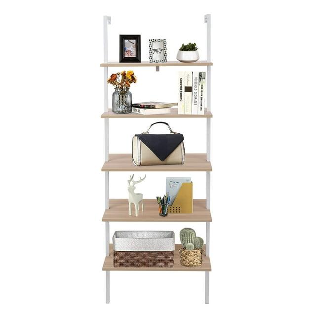Tcbosik 5-Tiers Ladder Bookshelf Wall-Mounted Bookcase Storage Display Rack with Metal Frame, White