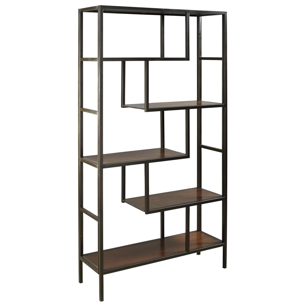 Brown Asymmetric 5-Shelf Bookcase with Metal Frame