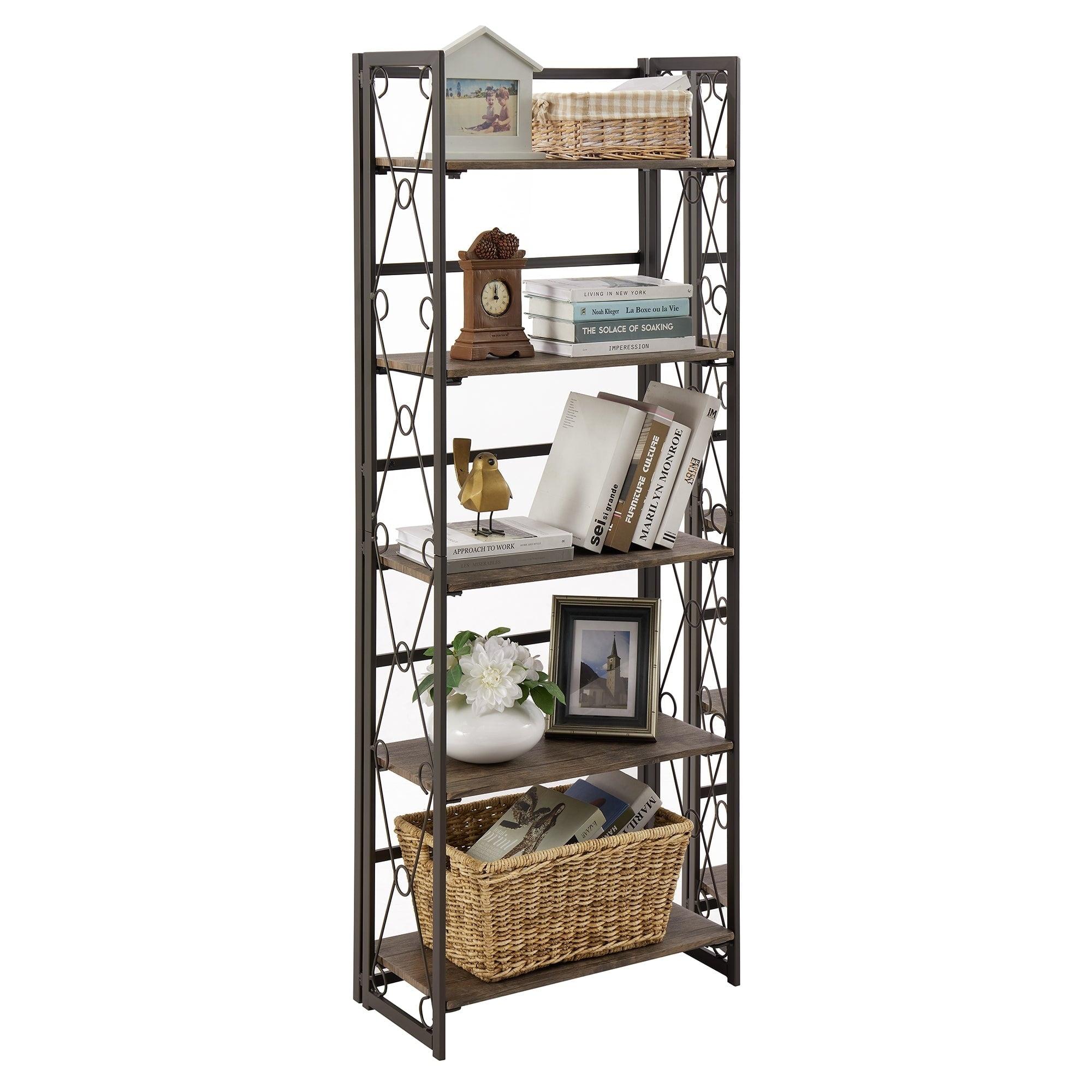 Industrial Dark Brown 5-Tier Folding Wooden Bookcase with Metal Frame