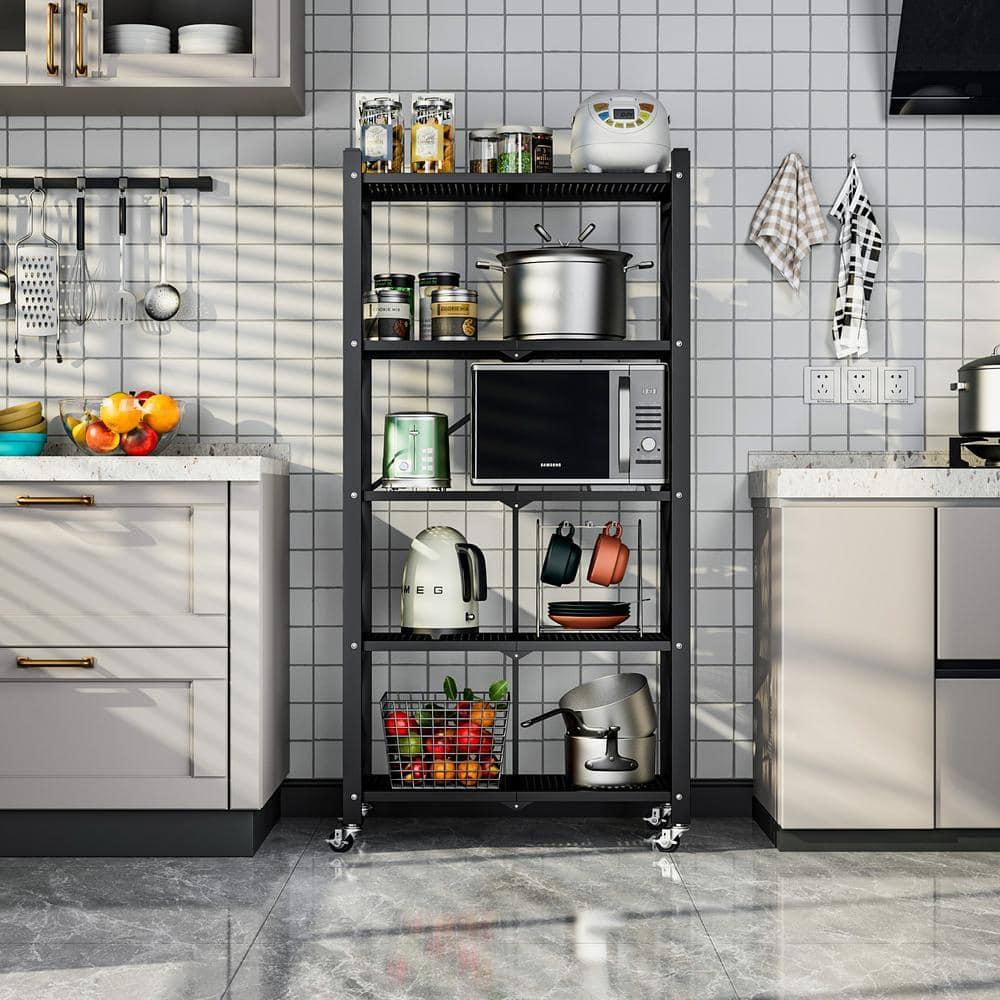 5-Tier Black Metal Kitchen Shelf Foldable Storage Rack with WheelsMultifunctional Cart