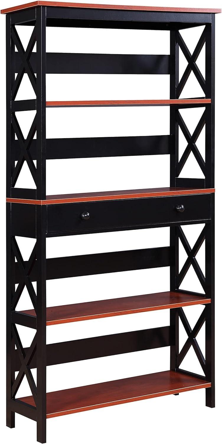 Oxford Modern 5-Tier Cherry & Black Bookcase with Concealed Drawer