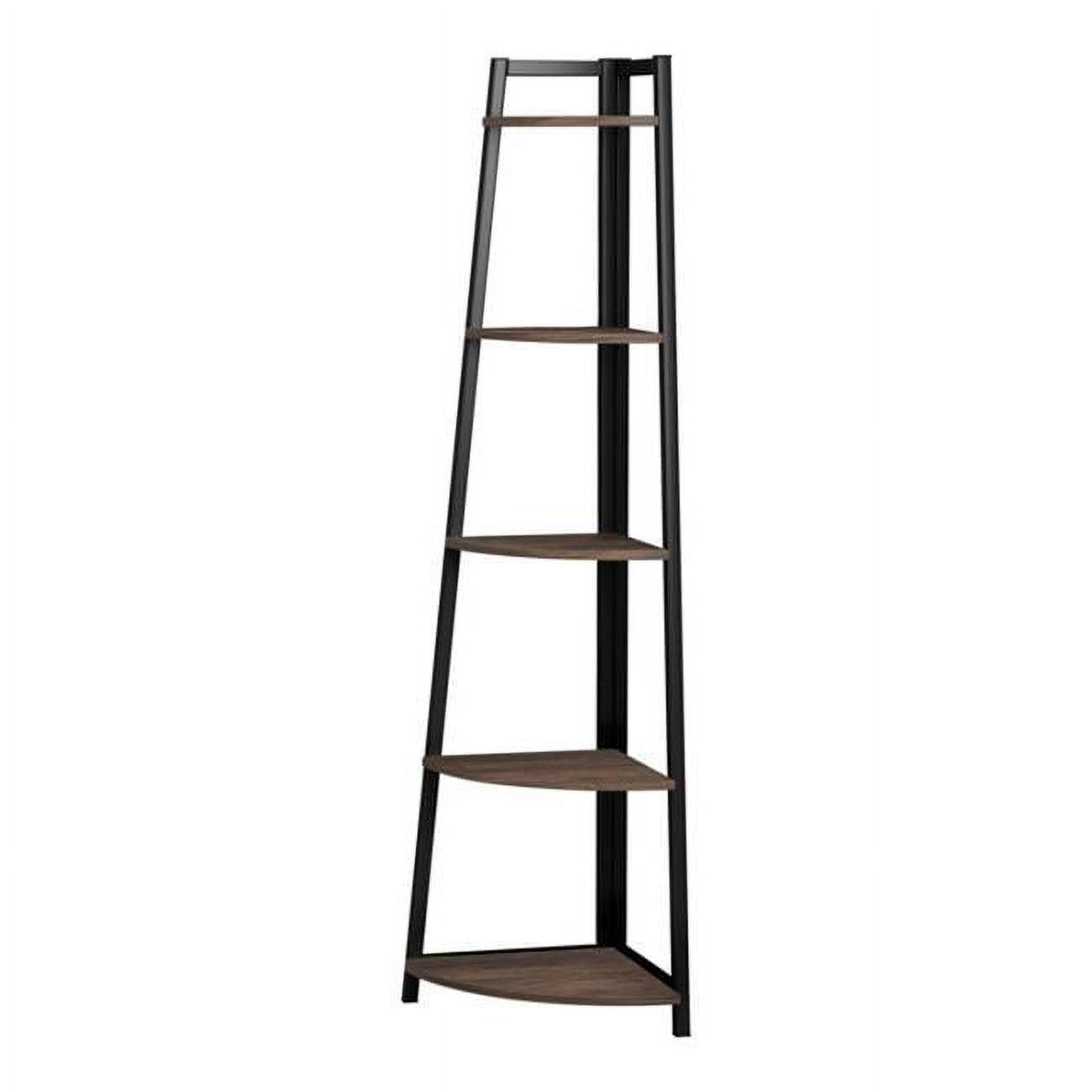 Brown and Black 5-Tier Corner Wood and Metal Bookcase