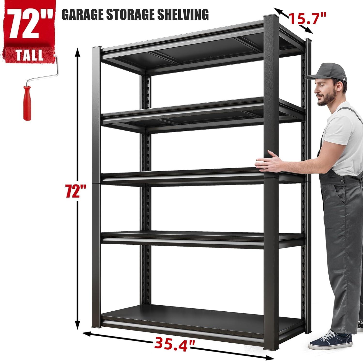 5 Tier 72"H Garage Shelving 2000LBS Heavy Duty Garage Storage Shelves Adjustable Metal Shelving Unit for Garage Storage Rack Industrial Utility Shelf 15.7" D X 35.4" W X 72" H, Black