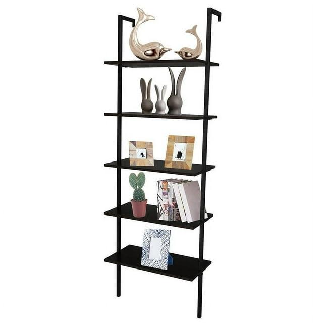 5-Tier Industrial Wood Ladder Bookcase with Metal Frame Black