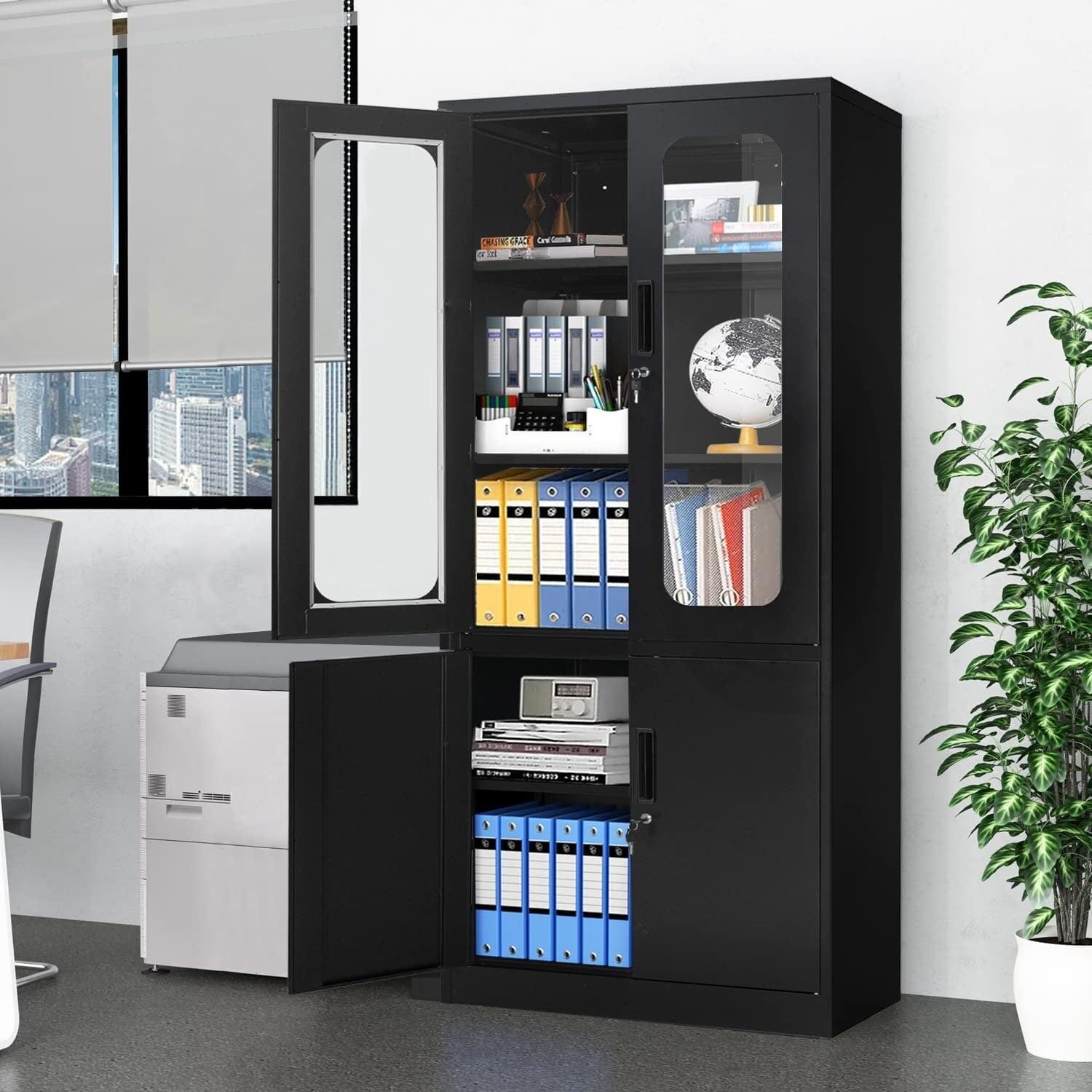 Black 5-Tier Locking Steel Storage Cabinet with Glass Doors