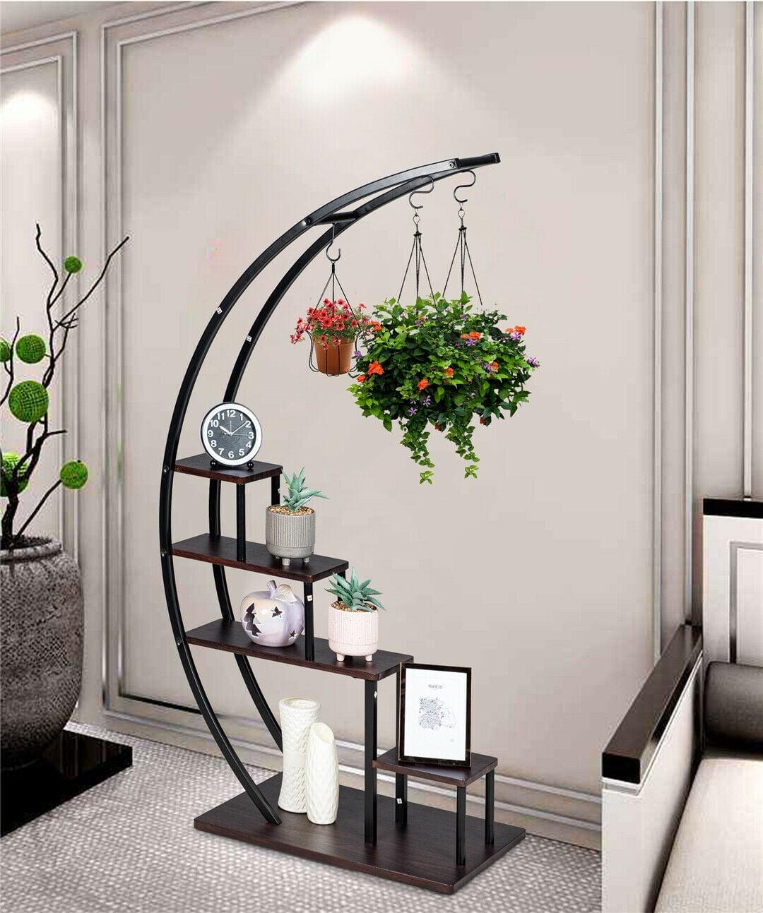 Black Semicircular 5-Tier Metal and Wood Plant Stand