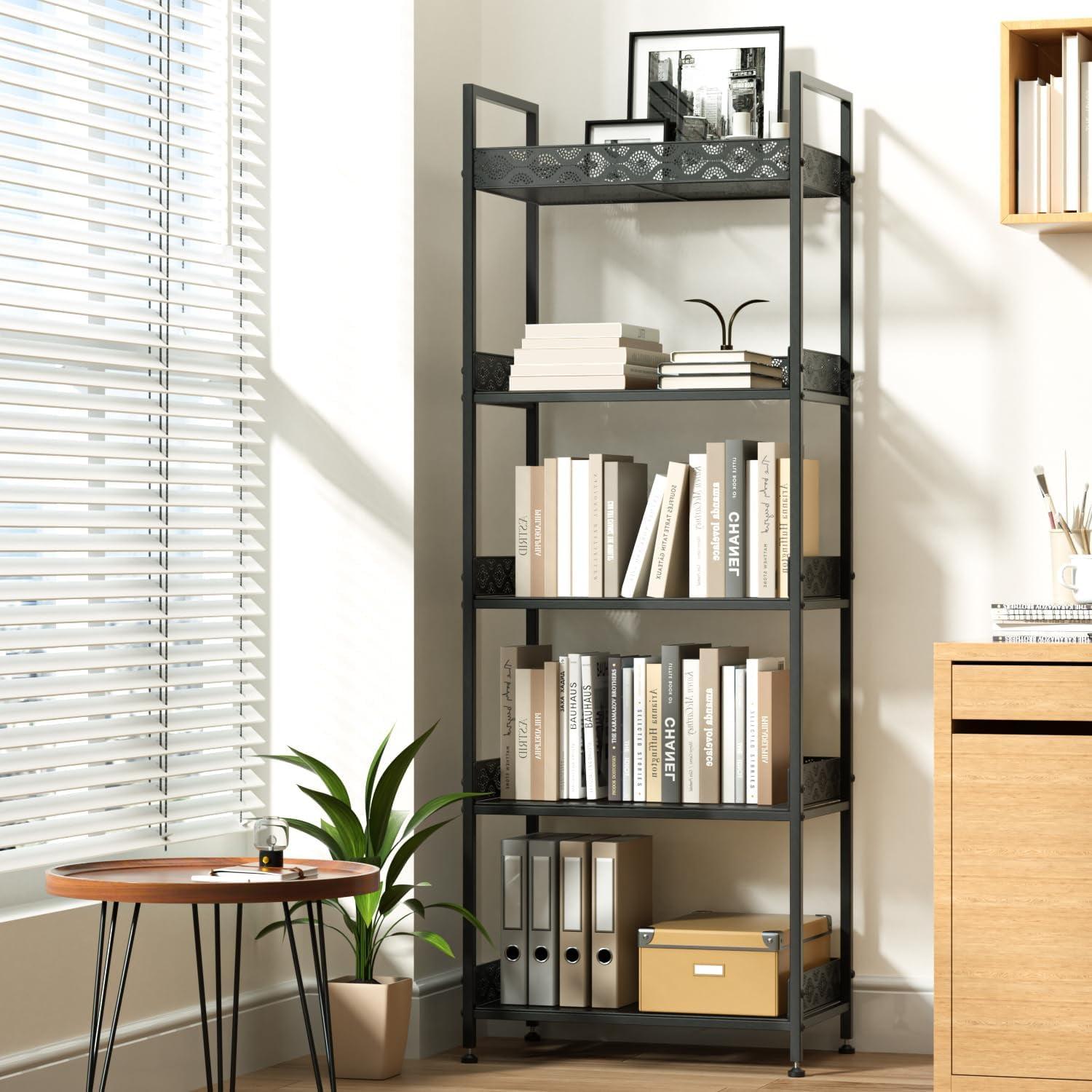 Black 5-Tier Industrial Metal Tall Bookshelf