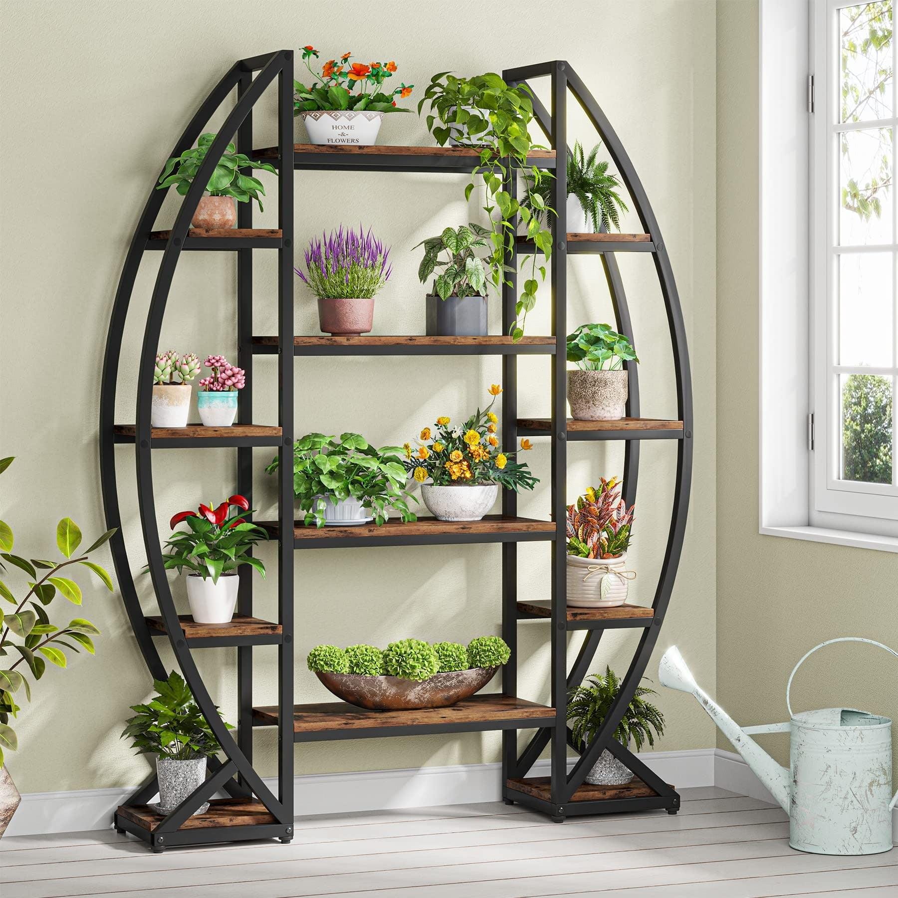 Tribesigns 5 Tier Plant Stand, Half-Moon Shaped Large Plant Shelf, Curved Oval Flower Pot Rack for Living Room, Balcony, Patio, Garden, Brown