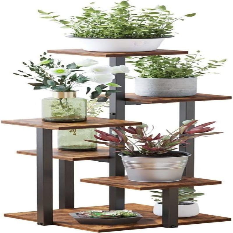 Brown and Black 6-Tier Iron and MDF Plant Stand