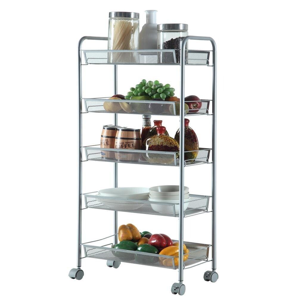 Silver 5-Tier Mesh Wire Rolling Kitchen Storage Cart