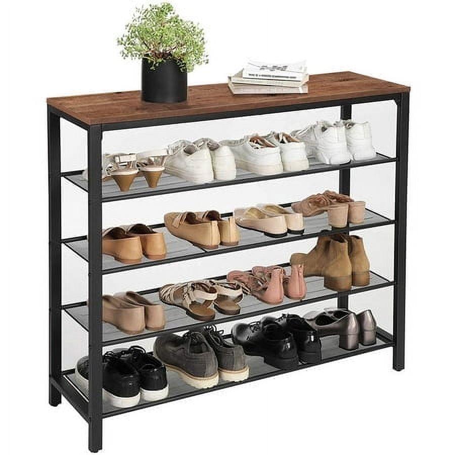 5-Tier Shoe Rack Bench Shoe Organizer for Closet 4 Mesh Shelves Entryway Hallway Shoe Shelf Steel Frame Industrial Brown and Black