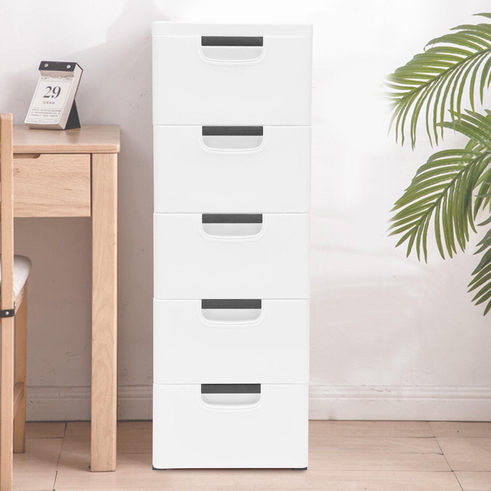Aiqidi 5 Plastic Drawers Dresser, 5 Layers Vertical Stackable Storage Cabinet Bedroom Tower Closet Organizer w/4 Wheels (White)