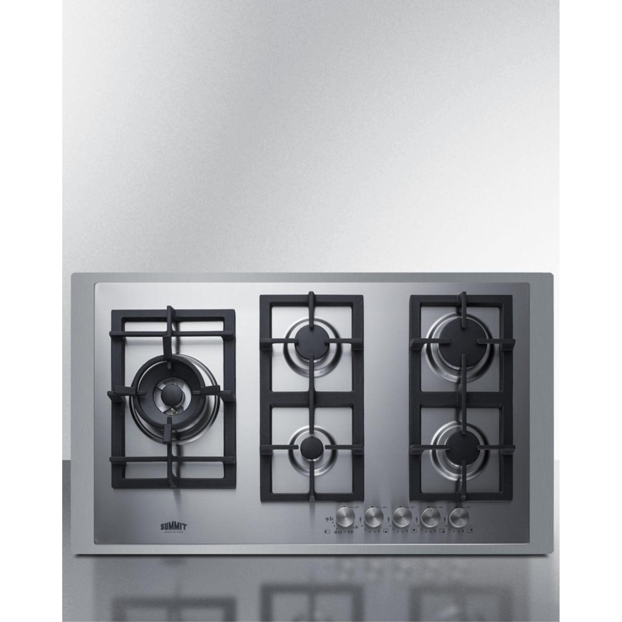 5-burner gas cooktop made in Italy in stainless steel with 36" wide SS trim kit, sealed dual flame burner, cast iron grates, and wok stand