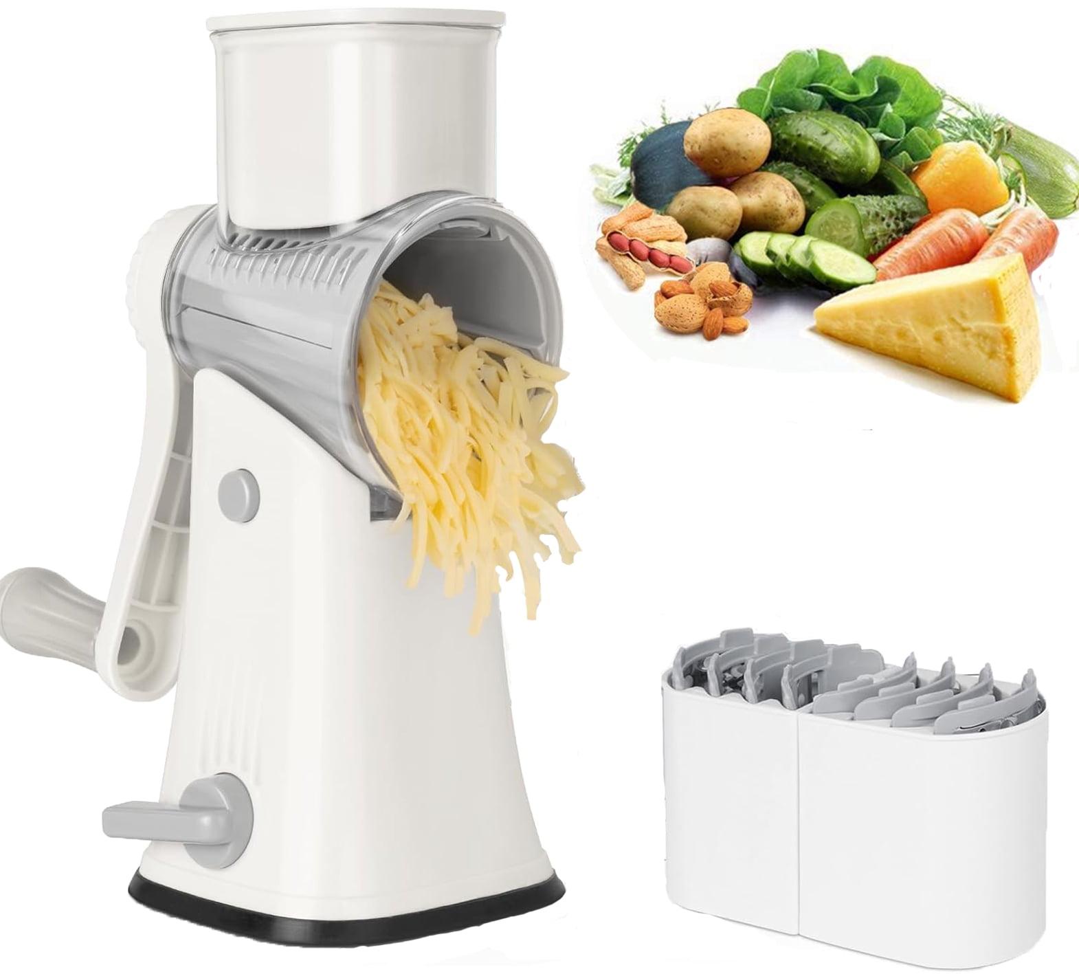 5-in-1 Rotary Cheese Grater with Handle, Cheese Shredder for Kitchen, Equipped with 5 Drum Blades and Powerful Suction Base, Cheese Grater Hand Crank, Easy to Clean, White