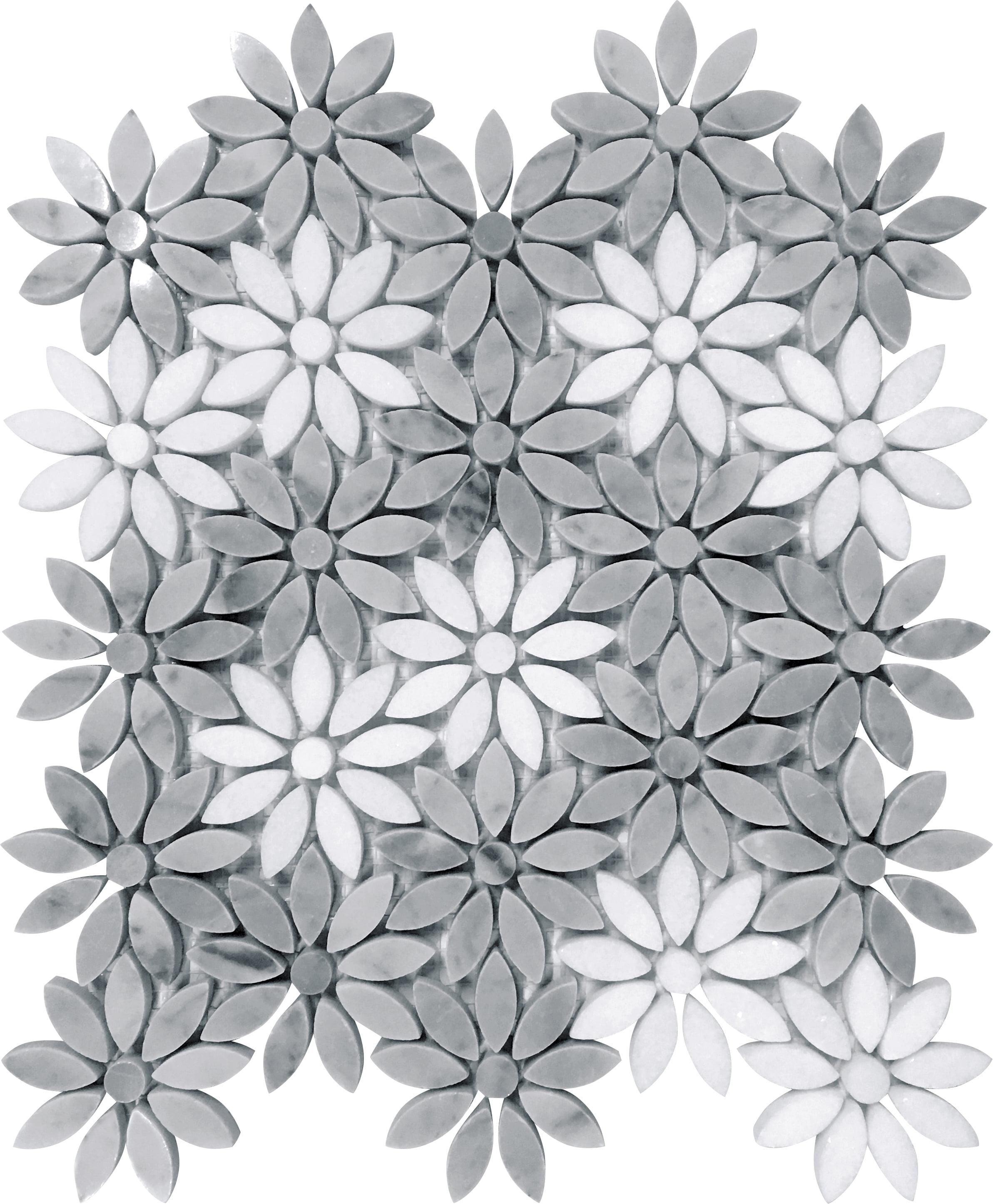 Gray and White Floral Polished Marble Mosaic Tile 11x12