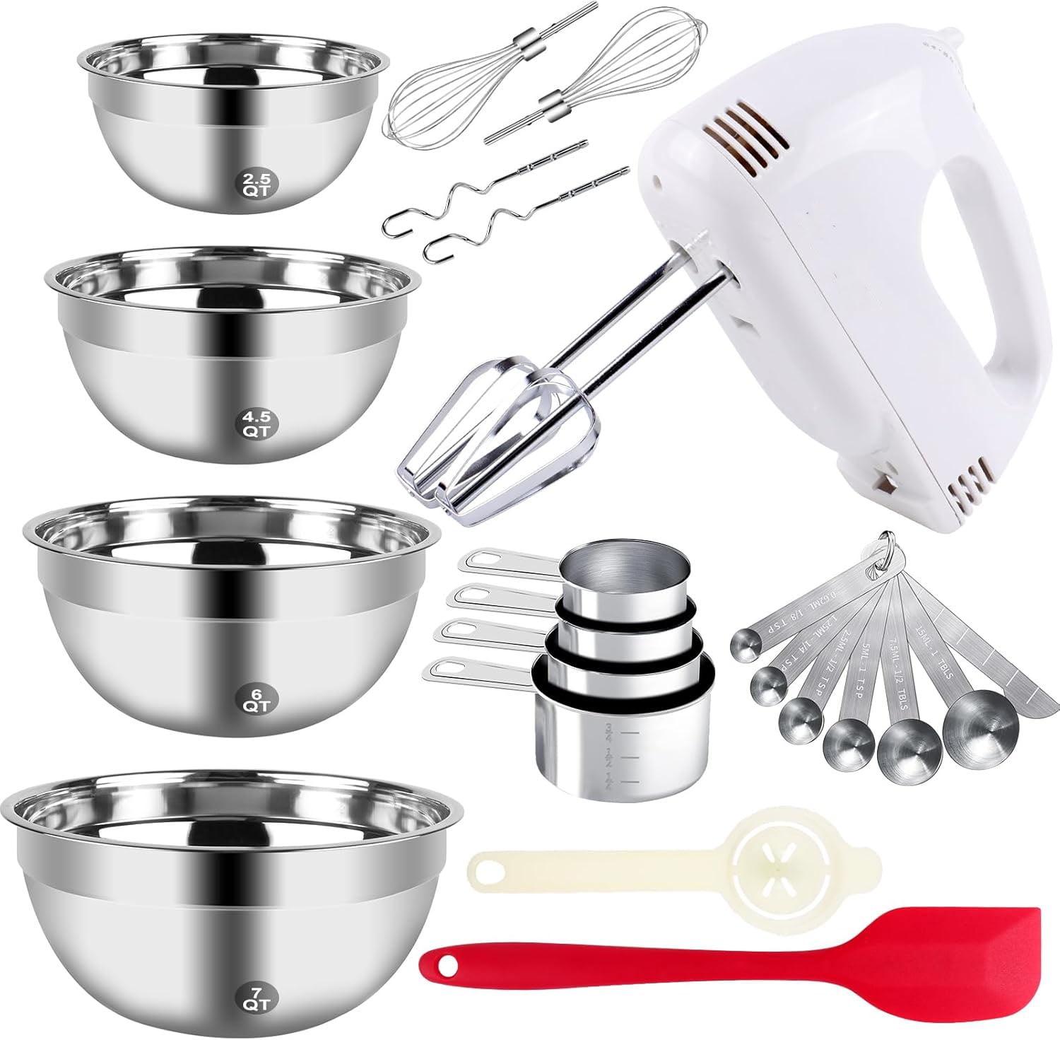 MODERN WALLS LLC B07SJQZVZS Hand Mixer Electric Mixing Bowls Set, 5 Speeds Handheld Mixer With 4 Nesting Stainless Steel Mixing Bowl, Measuring Cups Spoons 200W Kitchen Blender Whisk Beater Baking Supplies For Beginner