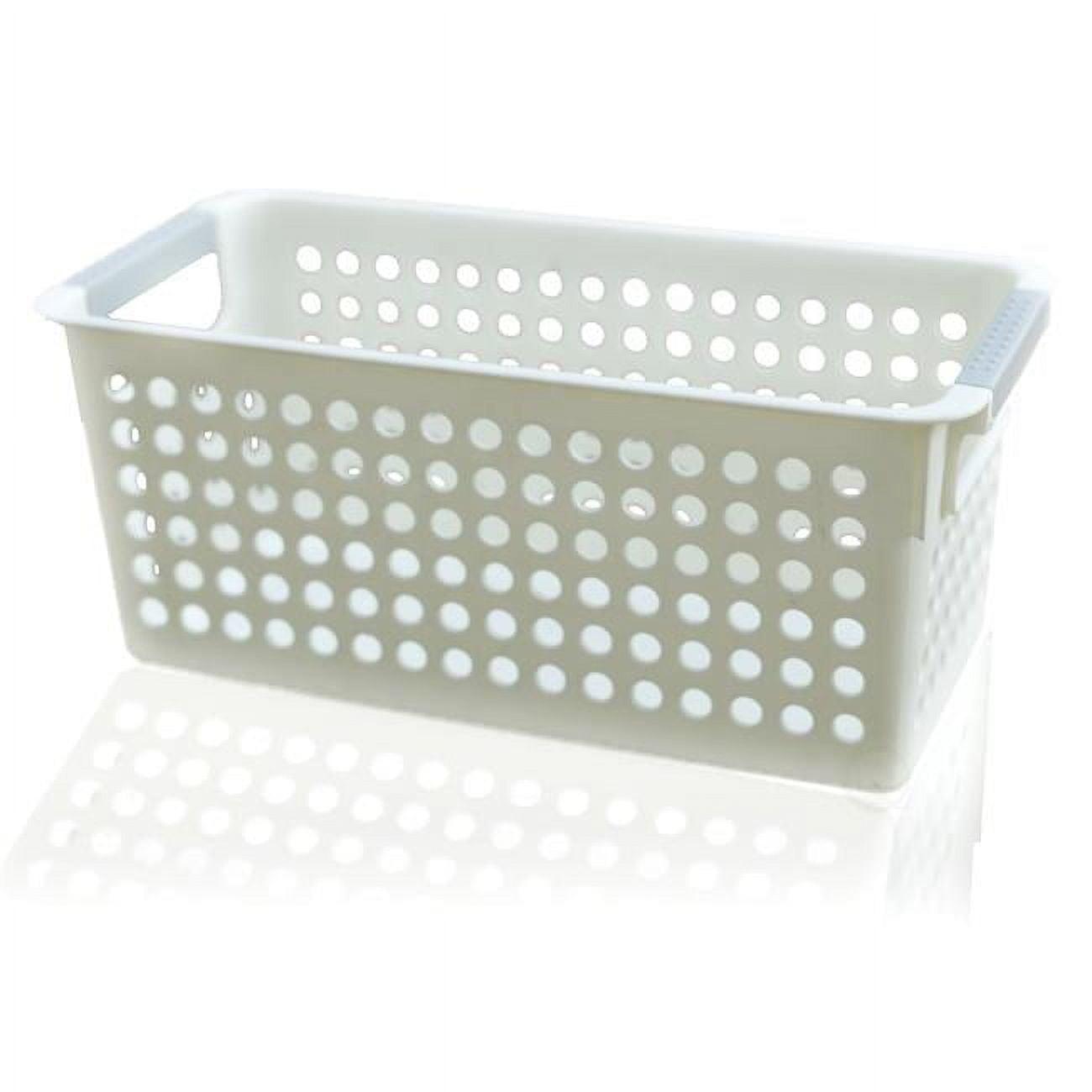 Compact White Rectangular Plastic Organizer Basket with Grip Handles