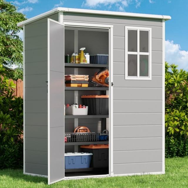 Aiho 5' x 3' Outdoor Storage Shed, Plastic Storage House with Lockable Door for Backyard , Gray