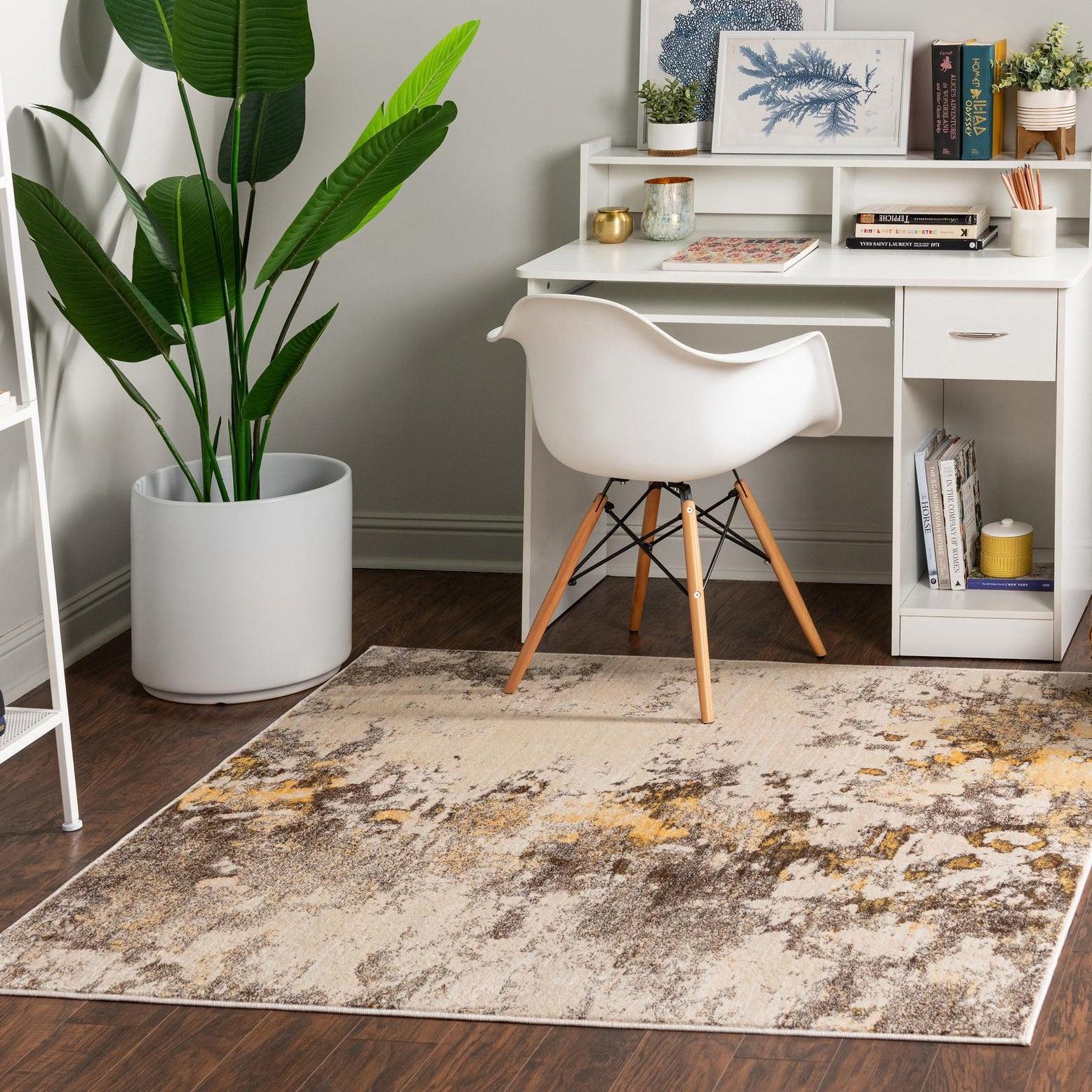 5' Square Ivory Beige Abstract Stain-Resistant Area Rug