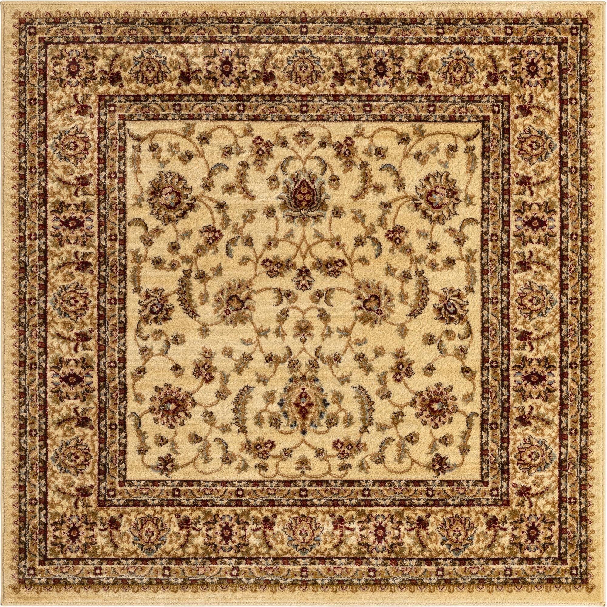 Ivory and Brown Synthetic Square Area Rug with Ornate Trim