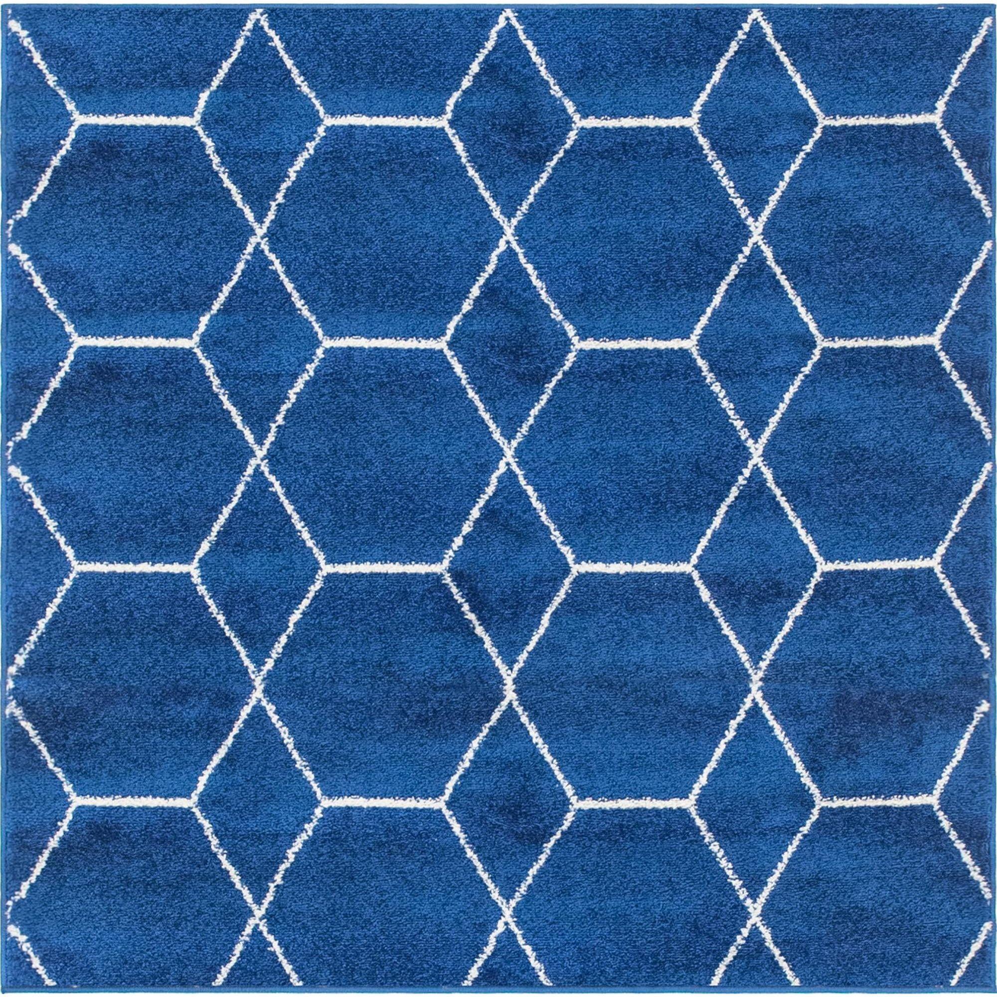 Navy Blue Octagon Trellis 5' Synthetic Easy-Care Rug