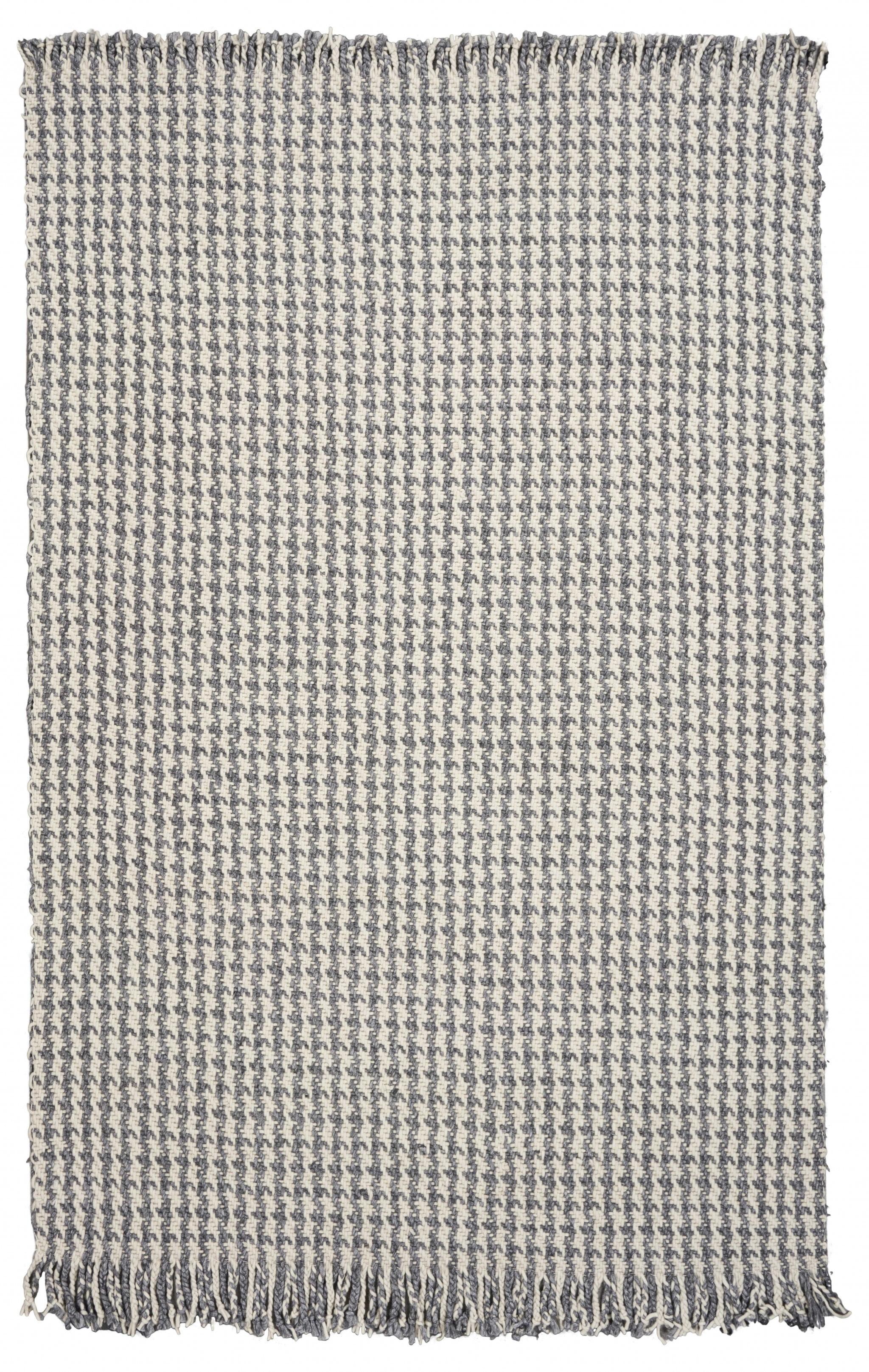 5' x 8' Ivory or Grey Plaid Knitted Wool Indoor Area Rug with Fringe