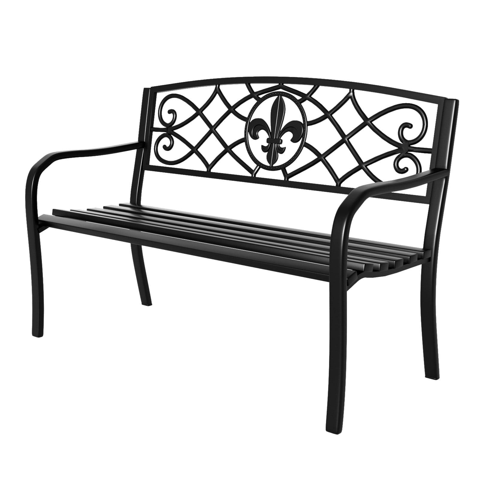 Outdoor Garden Patio Steel Park Bench Lawn Decor with Cast Iron Unique Design Back, Black Seating Bench for Yard, Patio, Garden, Balcony, and Deck