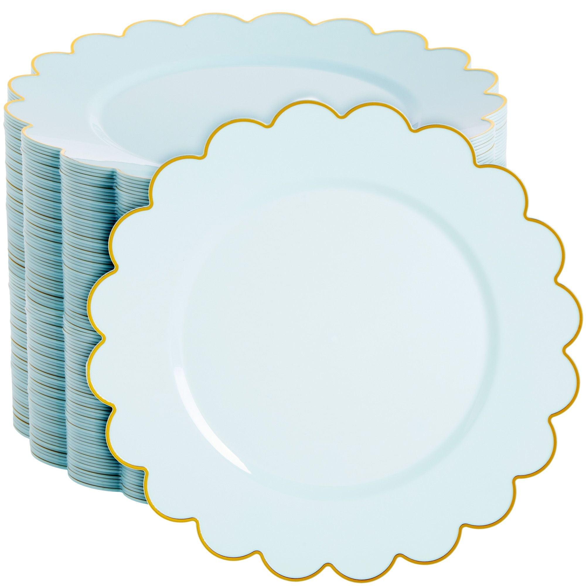 Sparkle and Bash 50-Pack Baby Blue Disposable Plates - Scalloped Plastic Plates with Gold Foil Rim for Birthday Party, Baby Shower (9 In)