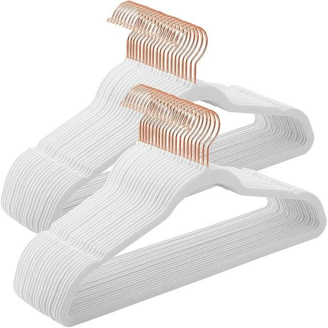 50 Pack Velvet Hangers Non-Slip Clothes Hanger with Rose Gold-Colored Swivel Hooks Space Saving White