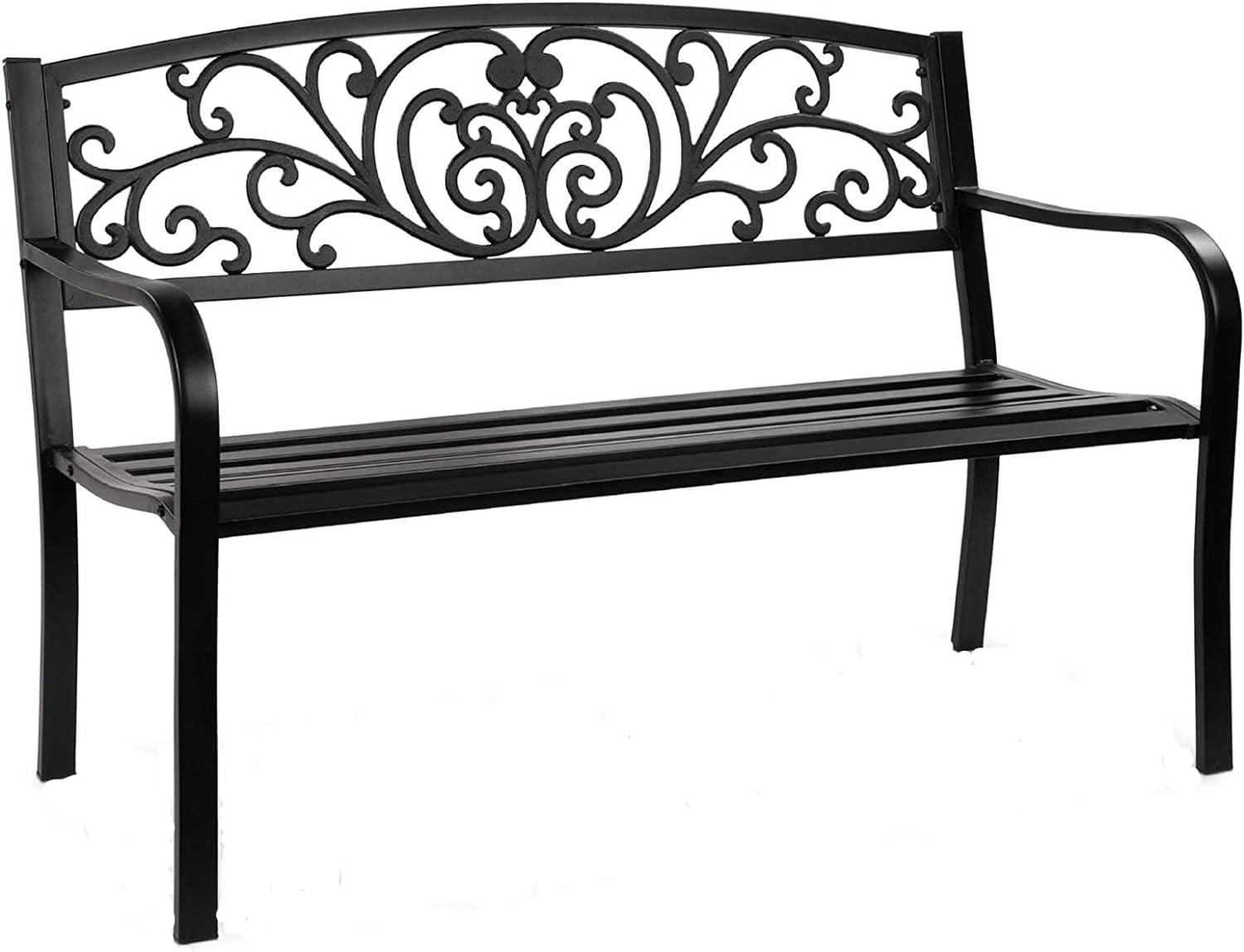 Black Steel Outdoor Bench with Floral Backrest, 52"