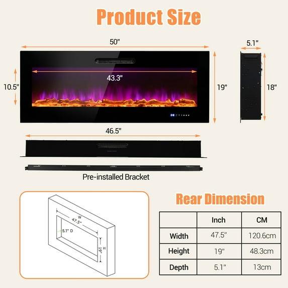 Costway 50'' Electric Fireplace Recessed Wall Mounted Heater W/ Decorative Crystal & Log