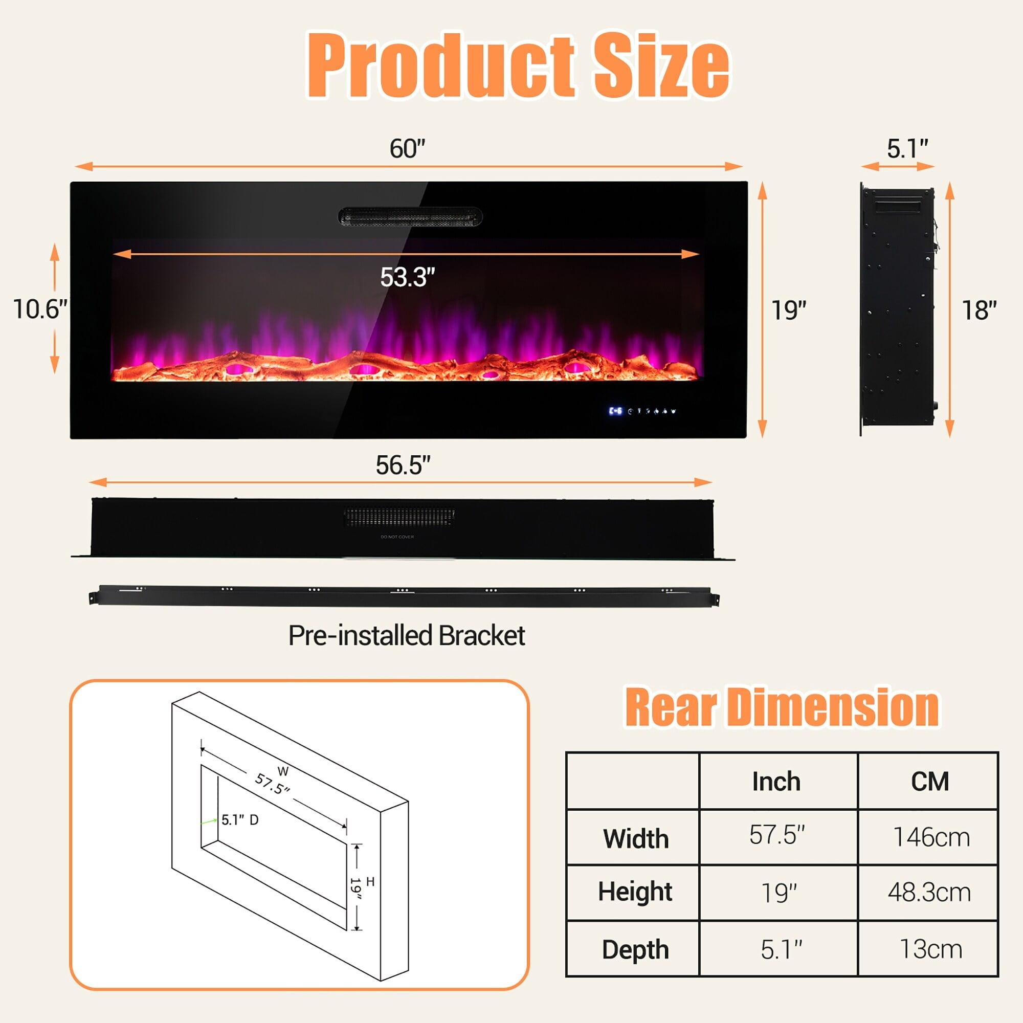 Costway 50'' Electric Fireplace Recessed Wall Mounted Heater W/ Decorative Crystal & Log