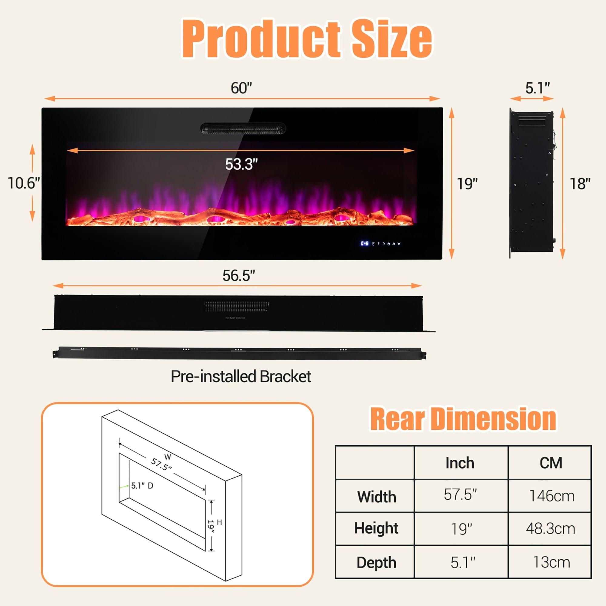 Costway 50'' Electric Fireplace Recessed Wall Mounted Heater W/ Decorative Crystal & Log