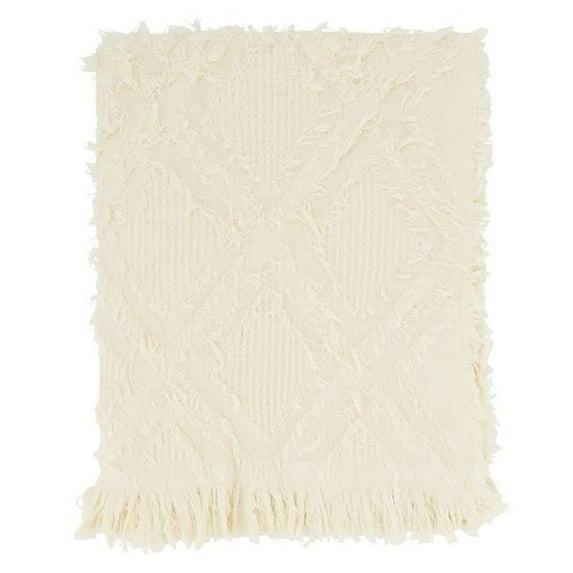 Saro Lifestyle Throw Blanket With Fringe Waffle Weave Design, Ivory, 50x60 inches