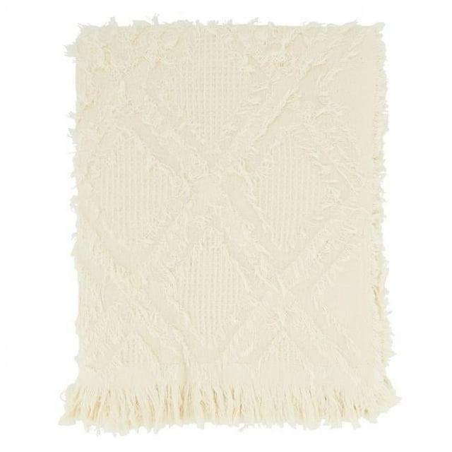 Saro Lifestyle Throw Blanket With Fringe Waffle Weave Design, Ivory, 50x60 inches