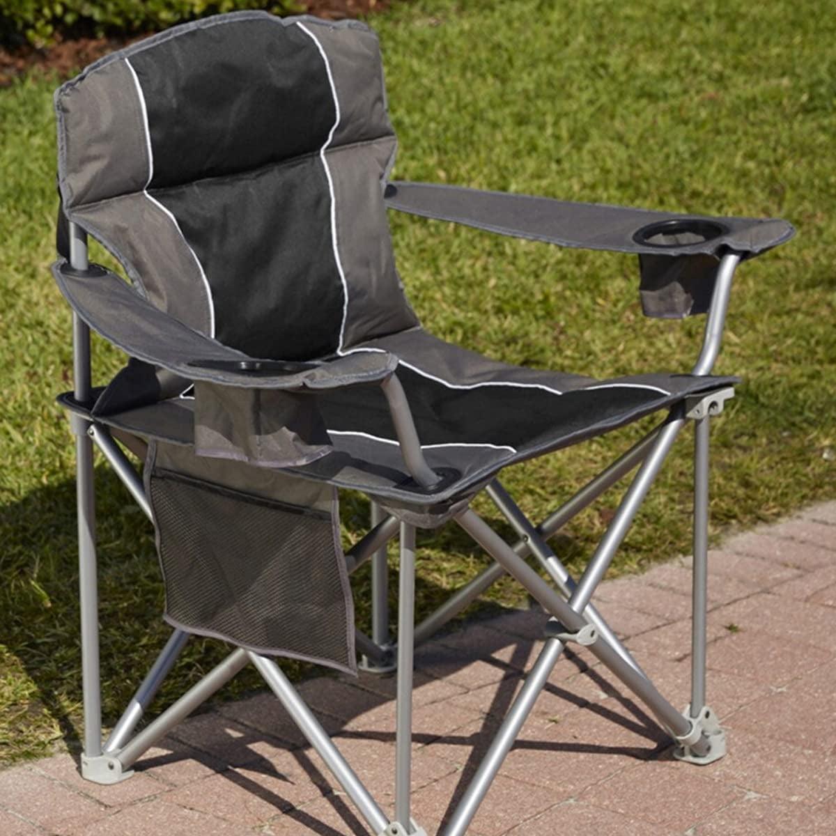 Black Heavy-Duty Portable Folding Chair with Cup Holders