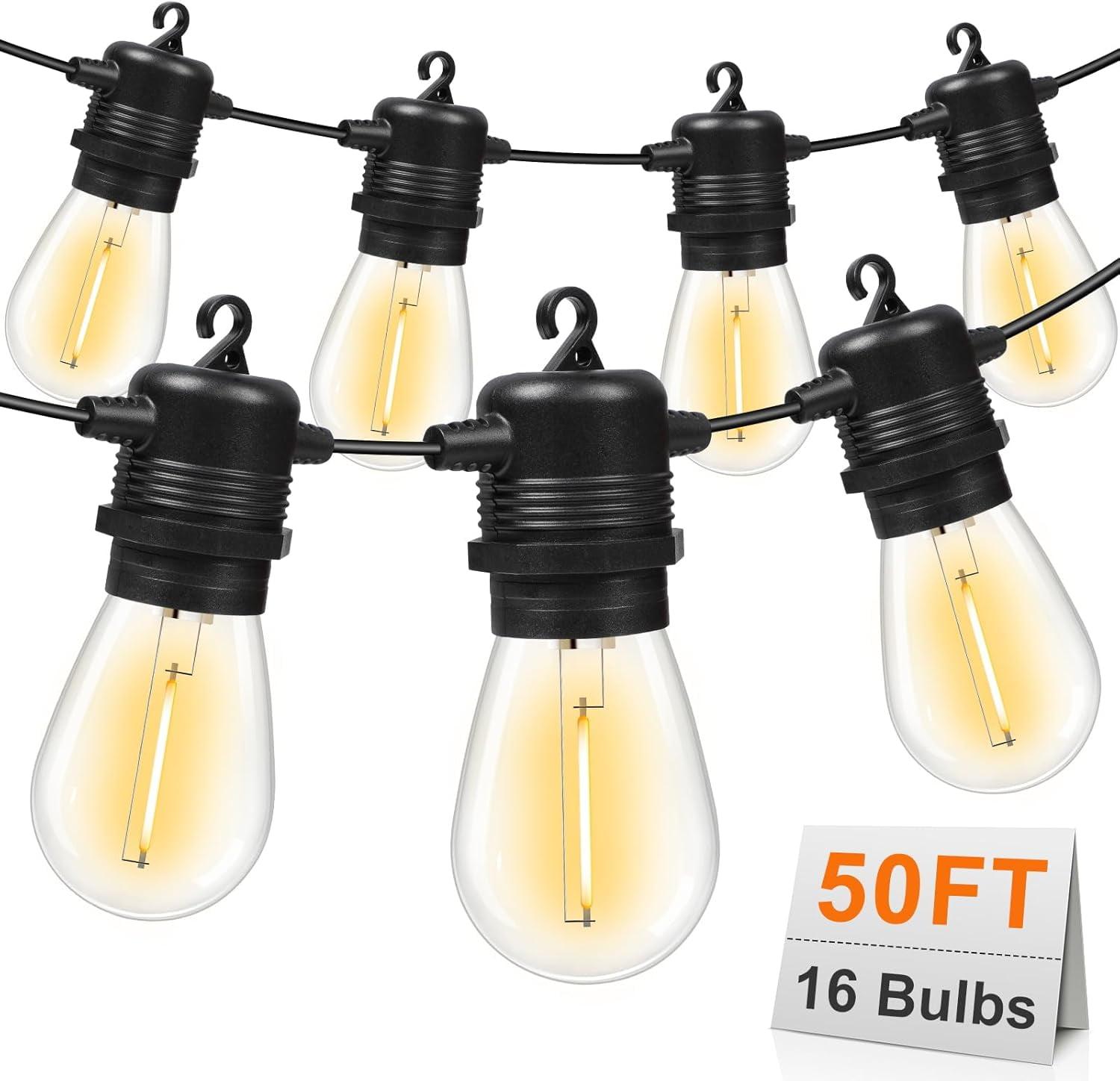 50FT Warm White LED Outdoor String Lights with Shatterproof Bulbs