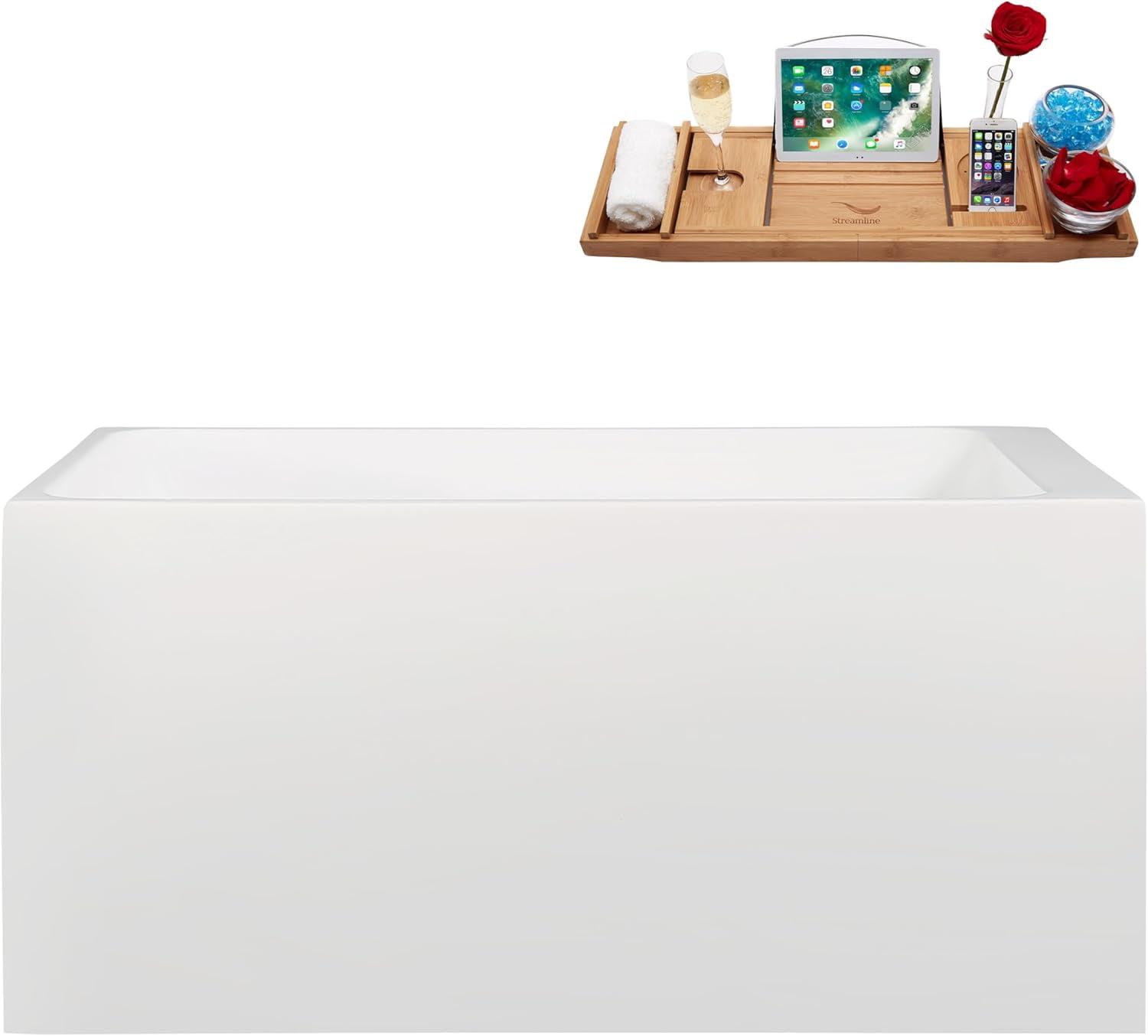 Streamline Bath 51" Streamline Soaking Glossy White Acrylic Freestanding Bathtub, Bamboo Tray, Drain B-520-244-BNK