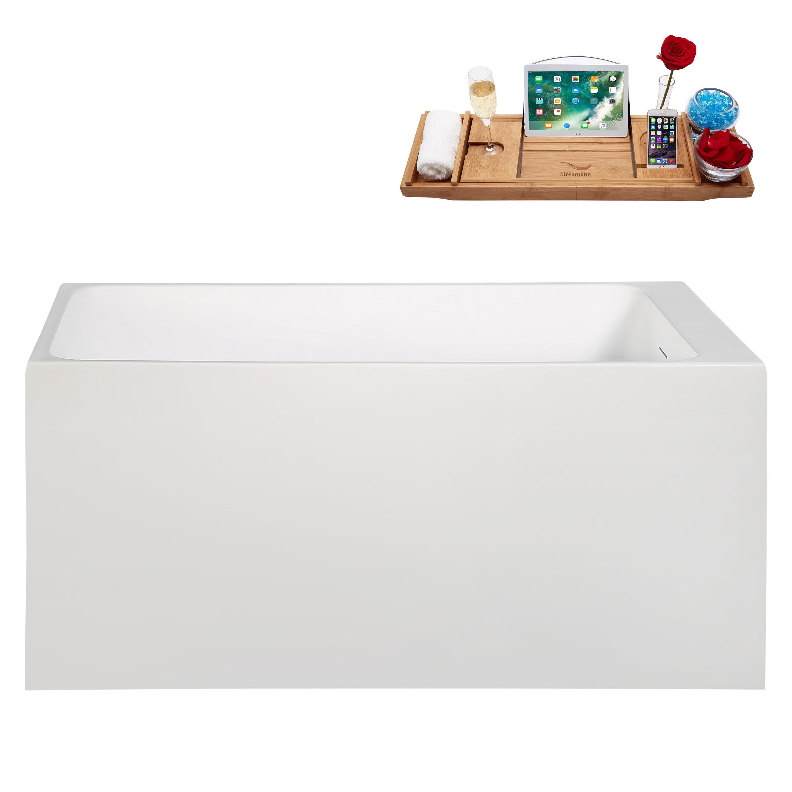 Streamline Bath 51" Streamline Soaking Glossy White Acrylic Freestanding Bathtub, Bamboo Tray, Drain B-520-244-BNK