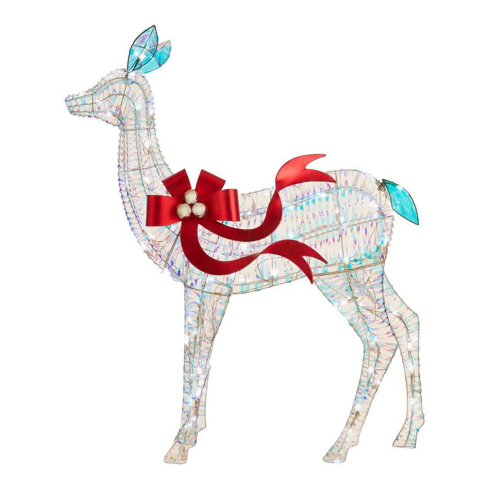 46 in White LED Iridescent Reindeer Yard Sculpture with Red Ribbon