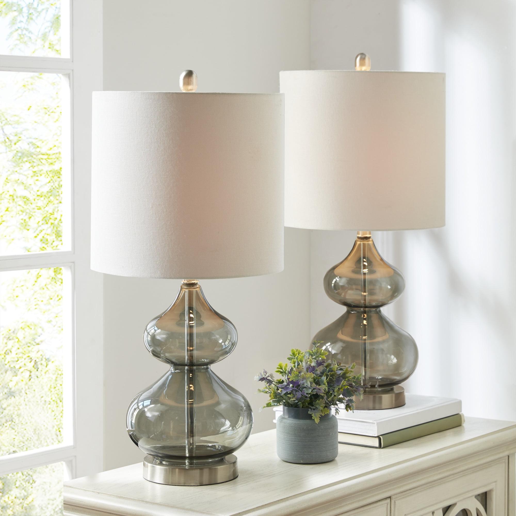 Gray Glass Table Lamp Set with White Drum Shade