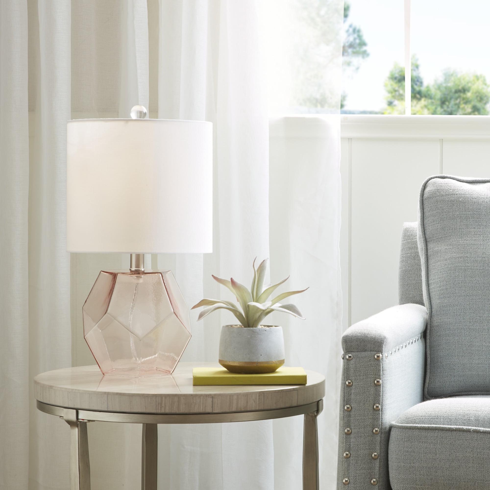 Pink Geometric Glass Table Lamp with White Drum Shade