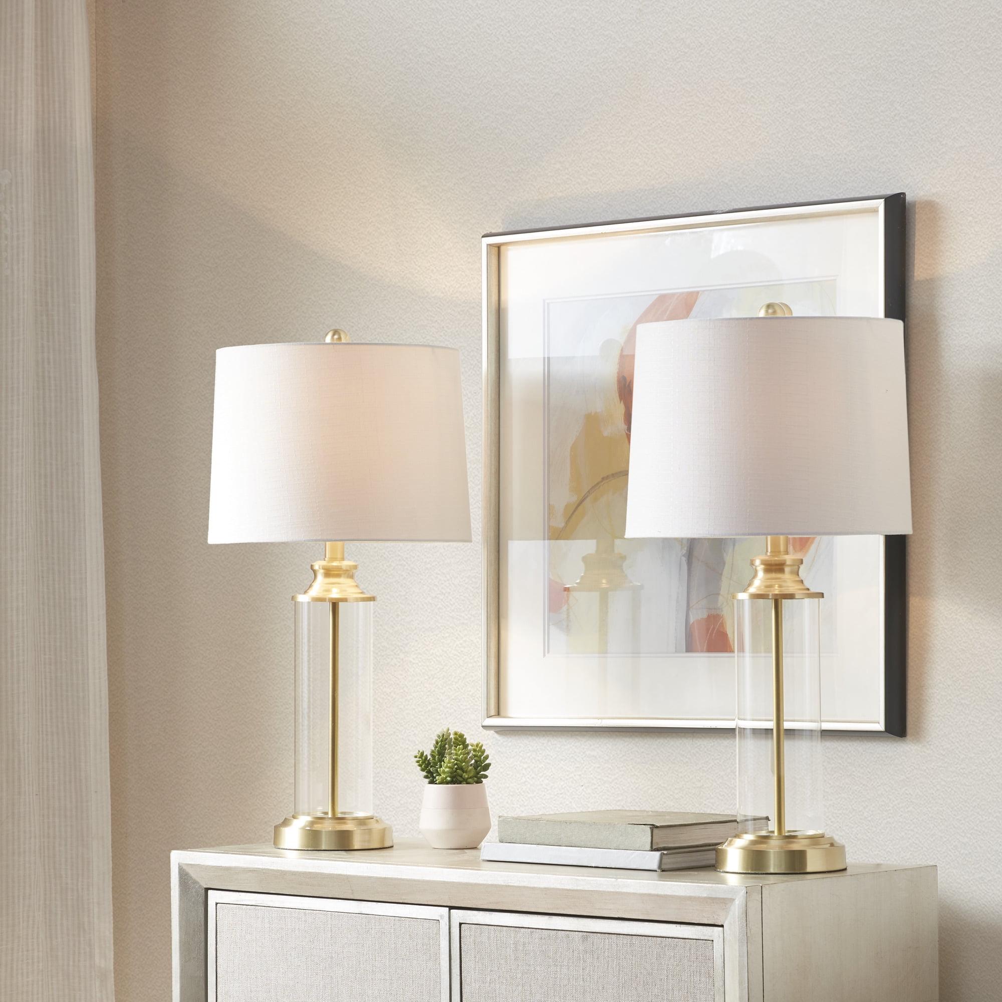 Gold and Clear Glass Cylinder Table Lamp Set with Drum Shades