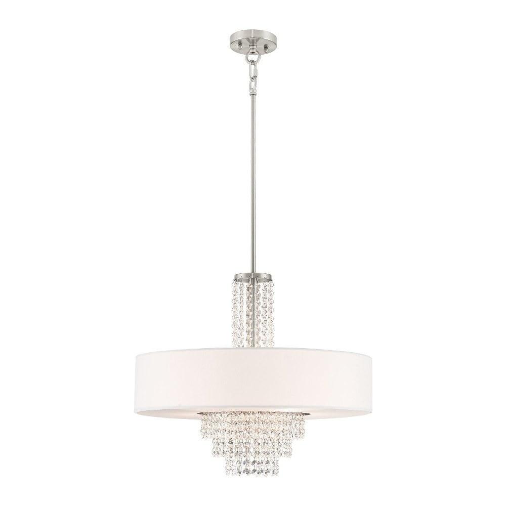 Carlisle Brushed Nickel Drum Pendant with Clear Crystals and Off-White Shade